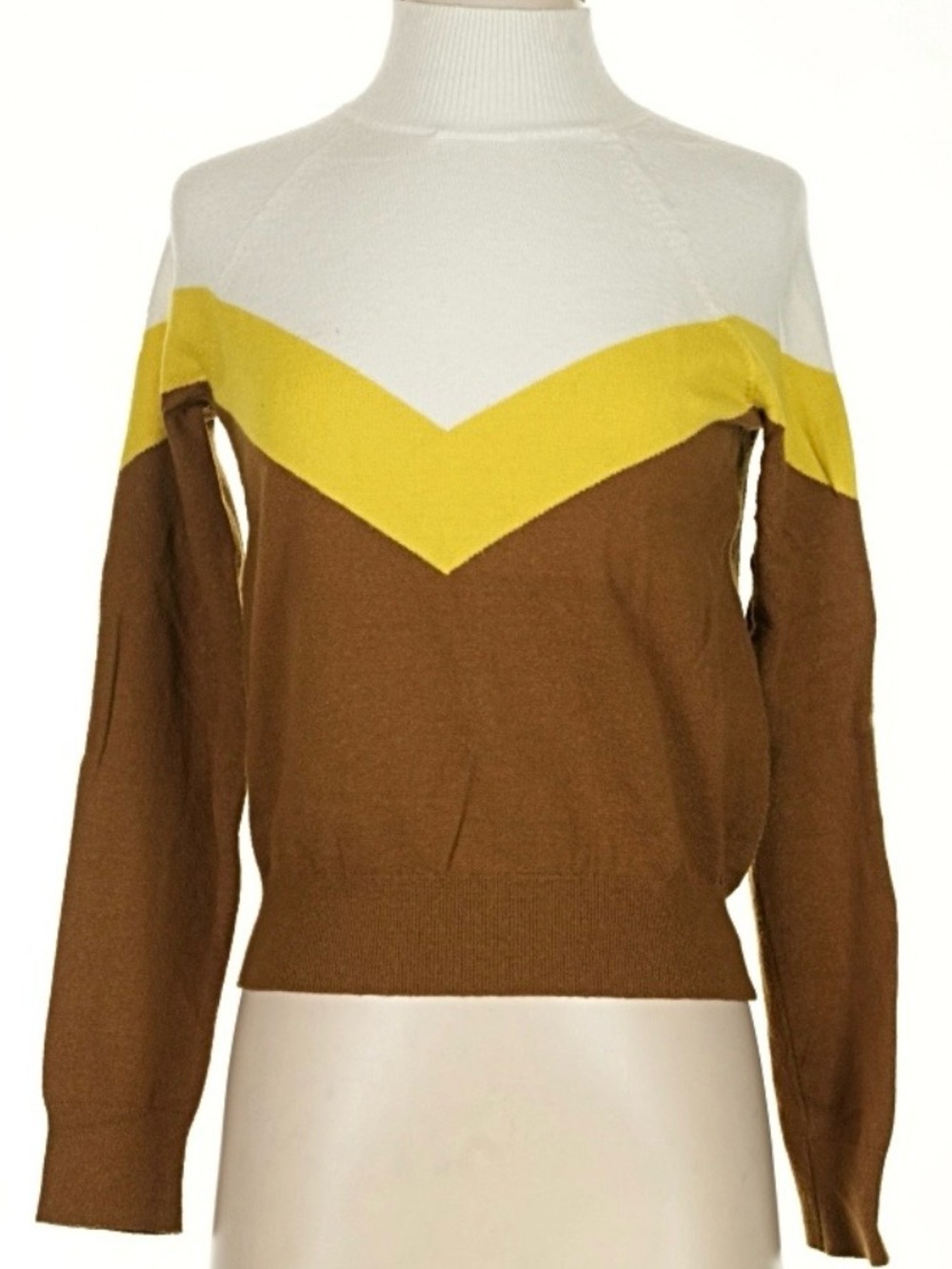 aerie Chevron Colorblock Mock Neck Sweater in Brown Yellow White xl